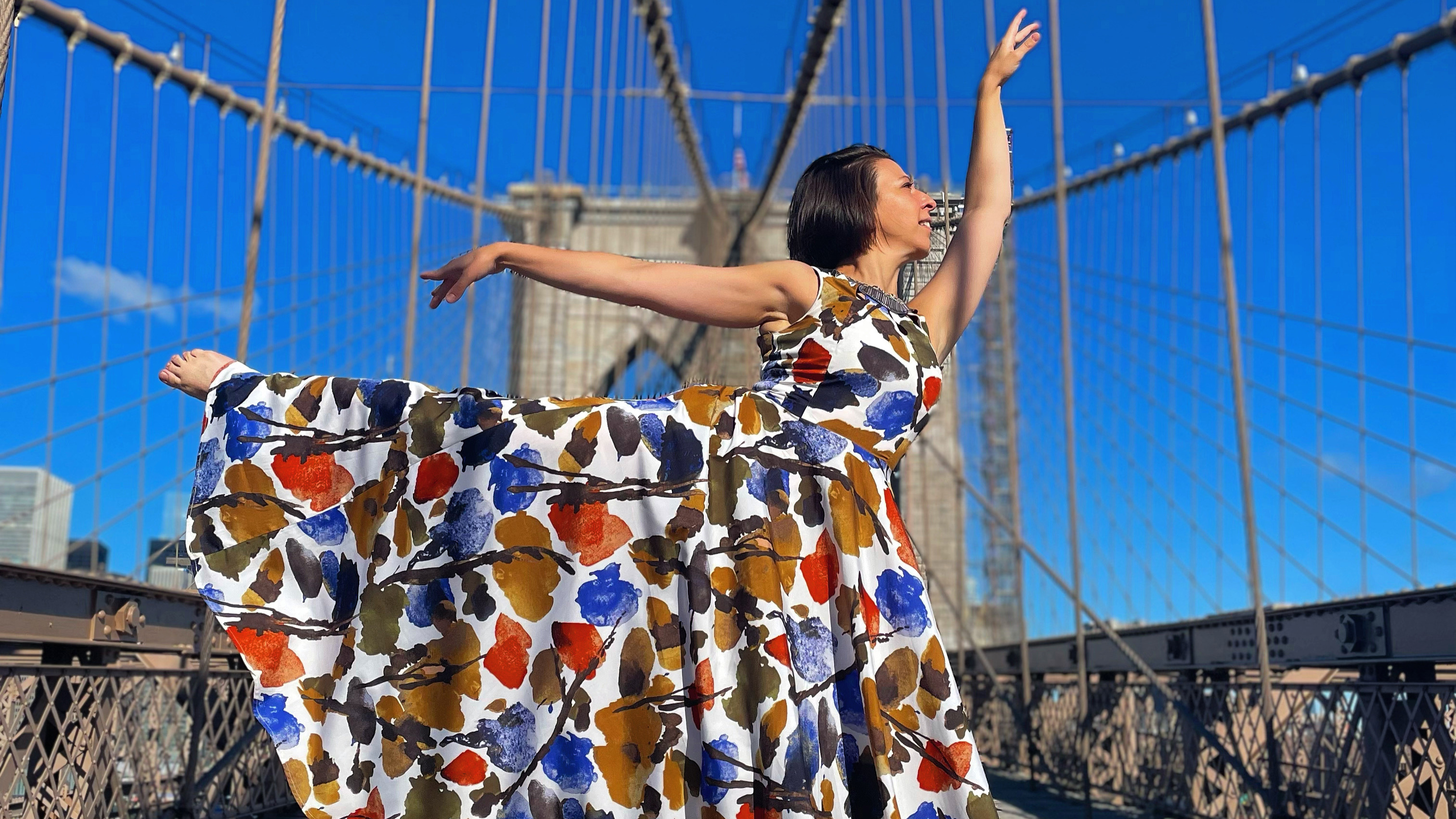 Mickela Mallozzi Arabesque on The Brooklyn Bridge - Photo by Evan Carter
